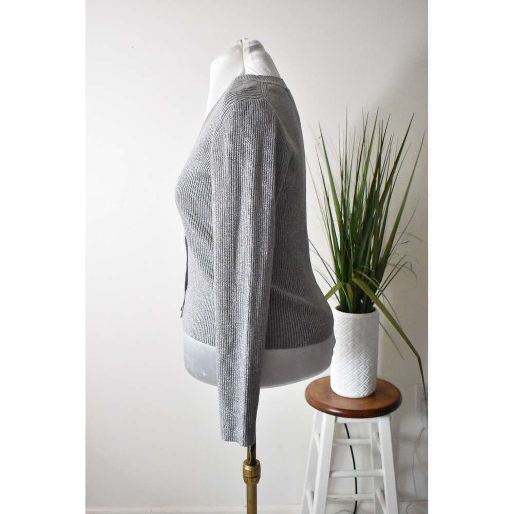 Classiques Entier Cardigan Sweater Women L Silver Y2K Metallic Ribbed V-Neck - Picture 4 of 9